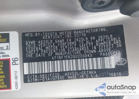 2016 Toyota Camry Le from USA, damaged, VIN 4T1BF1FK2GU200043